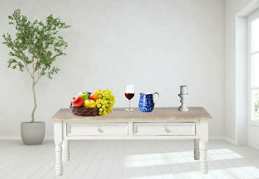 Mango Wood Adak Stylish Coffee Table with Drawer for Living Room | Center Table for Home | Brown & White Finish