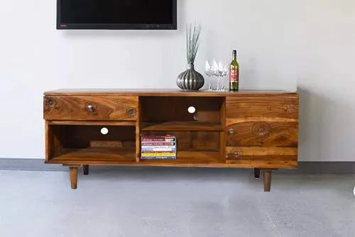 Sheesham Wood Tv Unit Cabinet with Shelves and one Drawer (Sheesham - Mahogany)