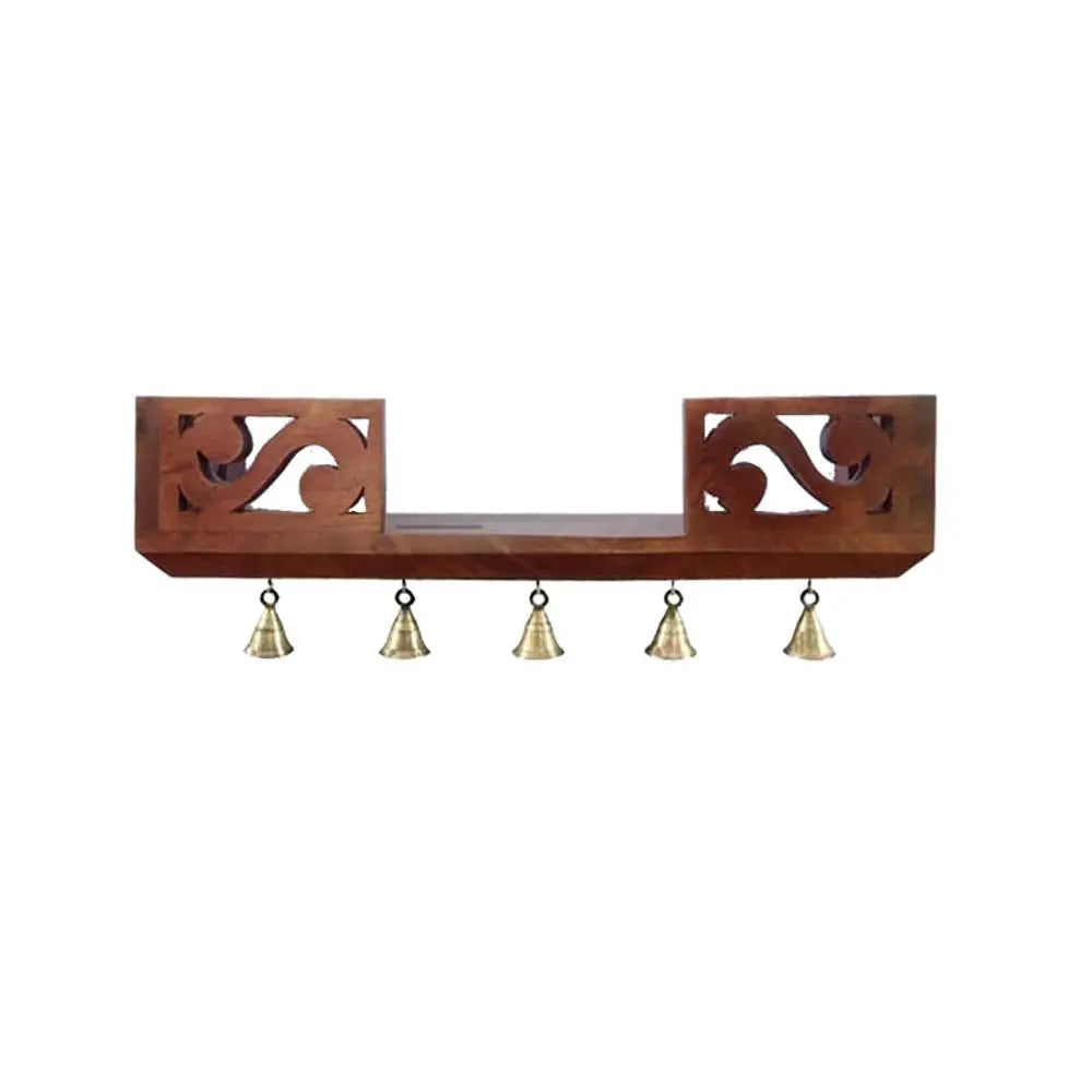 Aprodz Mango Wood Wall Mounted Temple with Bells | Honey Finish