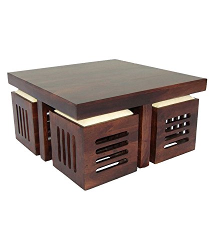 Solid Wood 4 Seater Coffee Table Stool Set for Home | Dark-Walnut