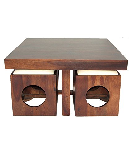 Sheesham Wood Square Coffee Table for Living Room | Center Table for Home | with 4 Stools | Dark Brown, White Cushion