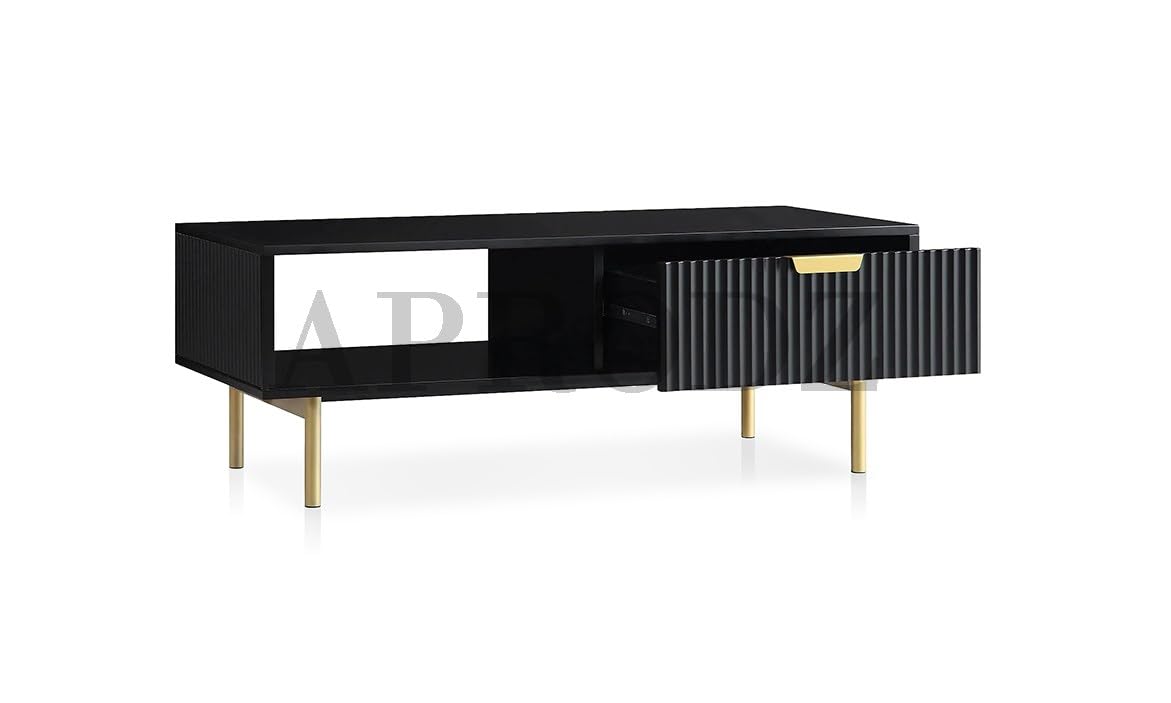 Wooden Center Table for Living Room | Rectangular Design with Shelf & Drawer | Solid Sheesham Wood & Iron Coffee Table (Black & Golden) | Sofa Teapoy Table