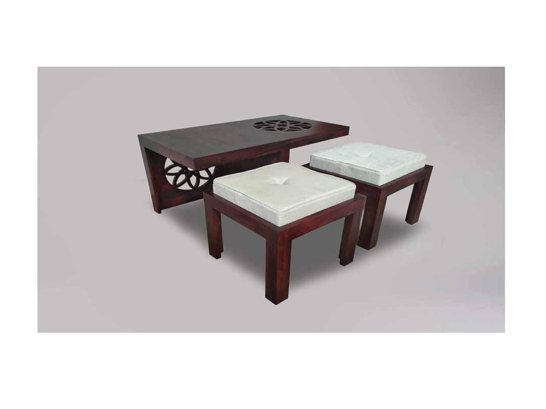 Sheesham Wood Nicola Stylish Coffee Table with 2 Stools for Living Room | Center Table for Home | Brown Finish