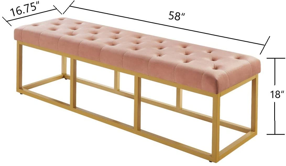 Tufted Long Upholstered Velvet and Metal Bench