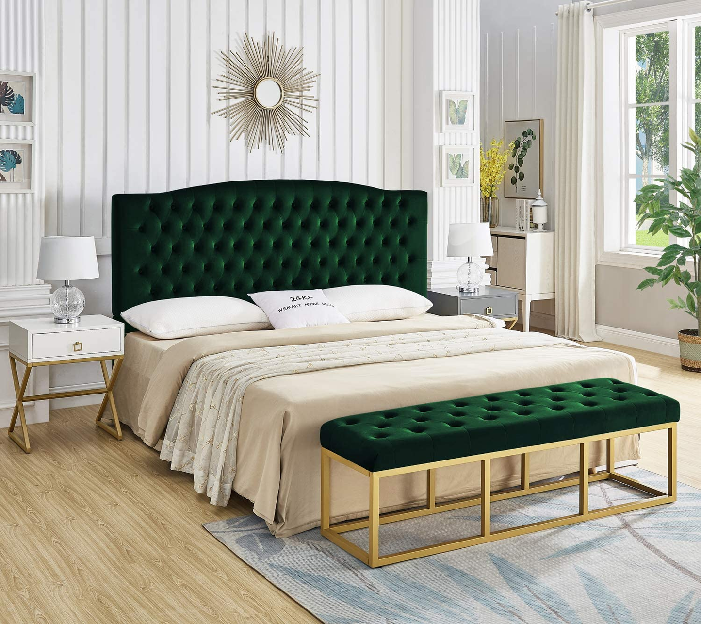 Tufted Long Upholstered Velvet and Metal Bench