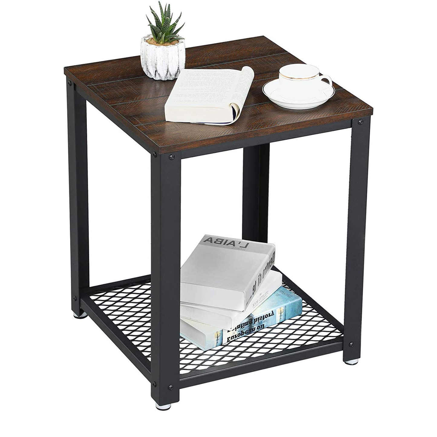 Nightstand and End Table with Mesh Shelf, Sturdy Metal Frame | Industrial Side