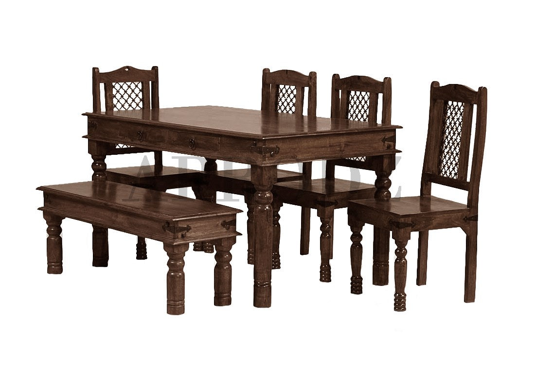 Sheesham Wood Reyk 6 Seater Dining Table Set with 1 Bench & 4 Chairs for Home Dining Room Furniture