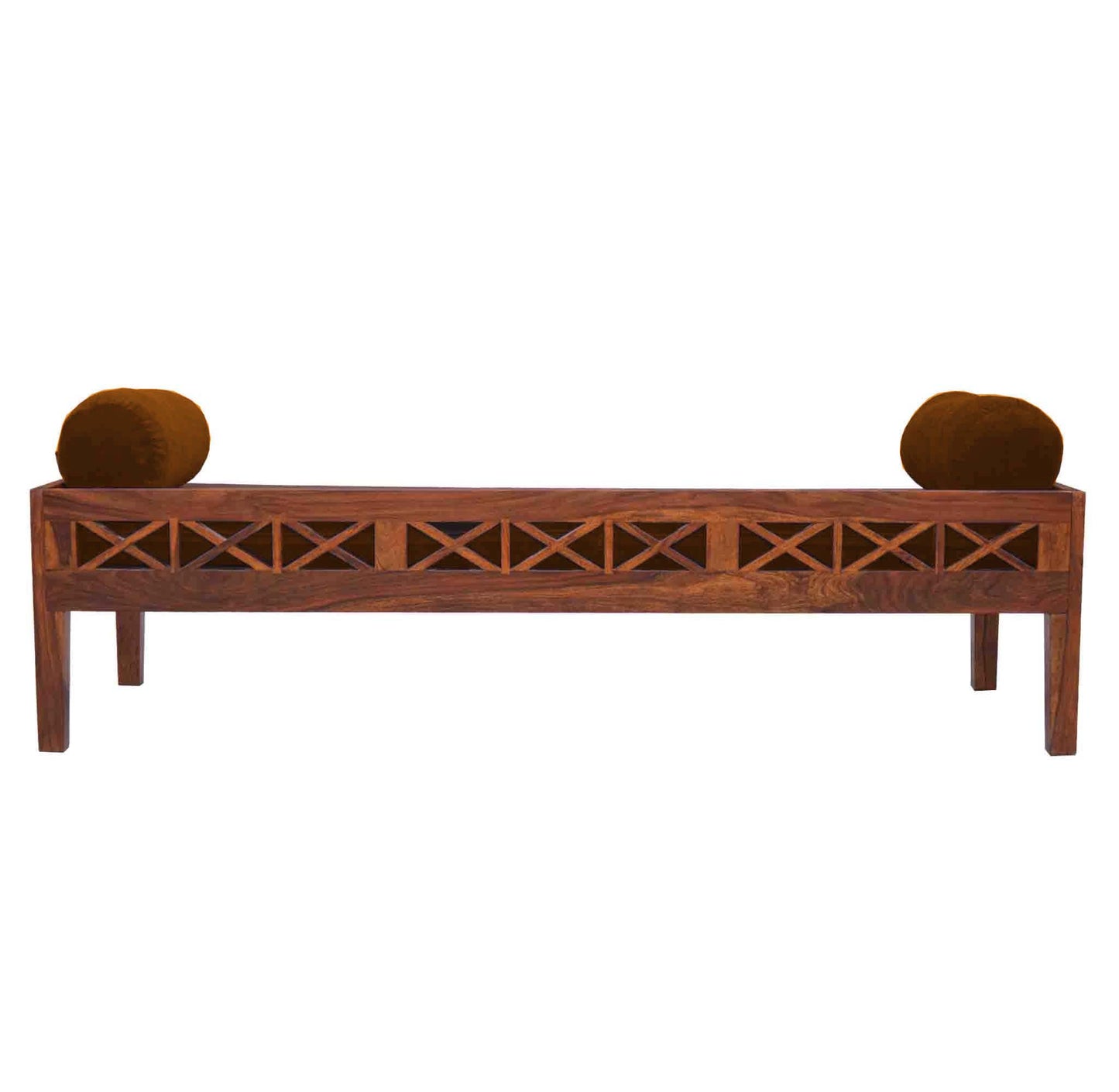 Solid Mango Wood Dewan Sofa Bed with Cushion for Living Room Hall (Solid Wood - Ochre Yellow Fabric + Teak)
