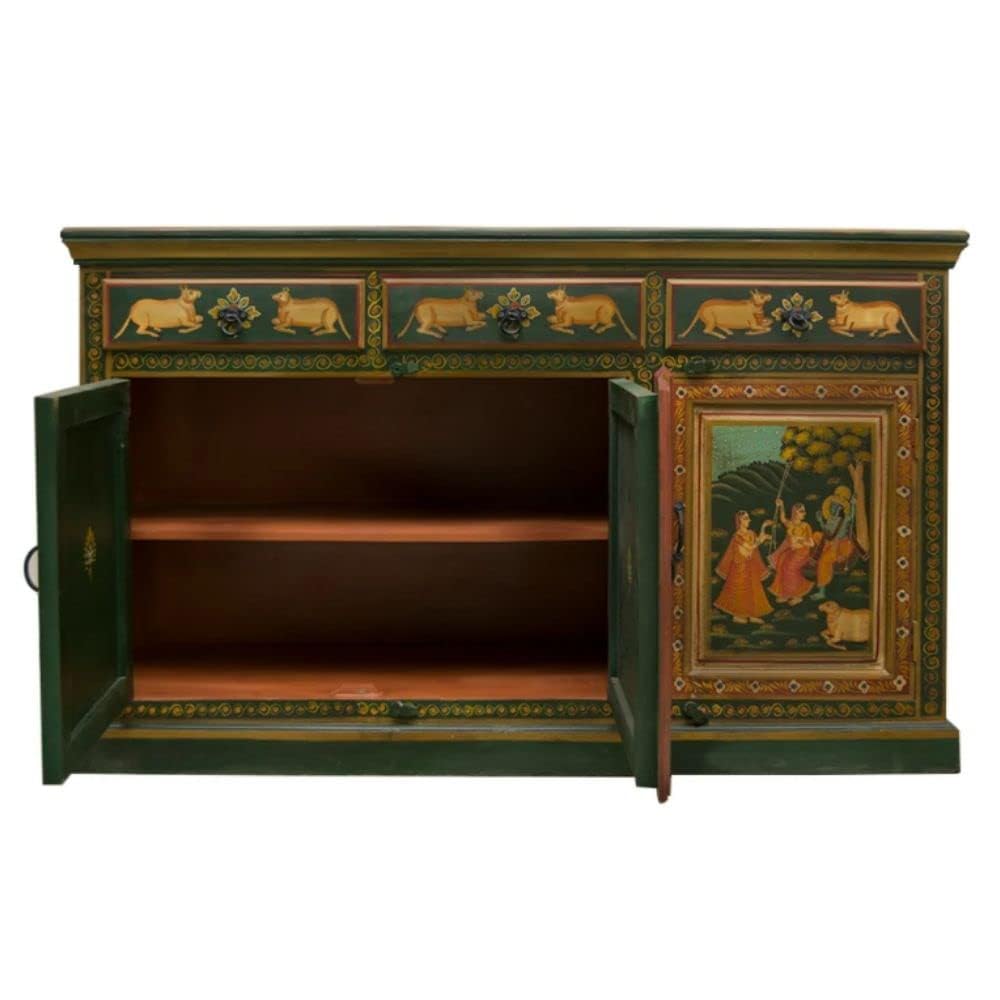 APRODZ Wooden Handpainted Cabinet | Cabinet for Storage Wooden Furniture | Radha Krishna Sideboard | Bedroom | Mango Wood..