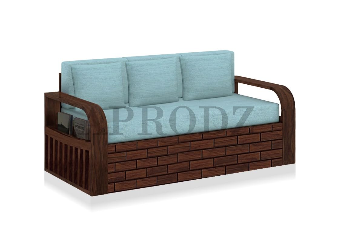Sheesham Wood Sofa Cum Bed, 3 Seater with Blue Upholstery (75 x69 x30 Inch)