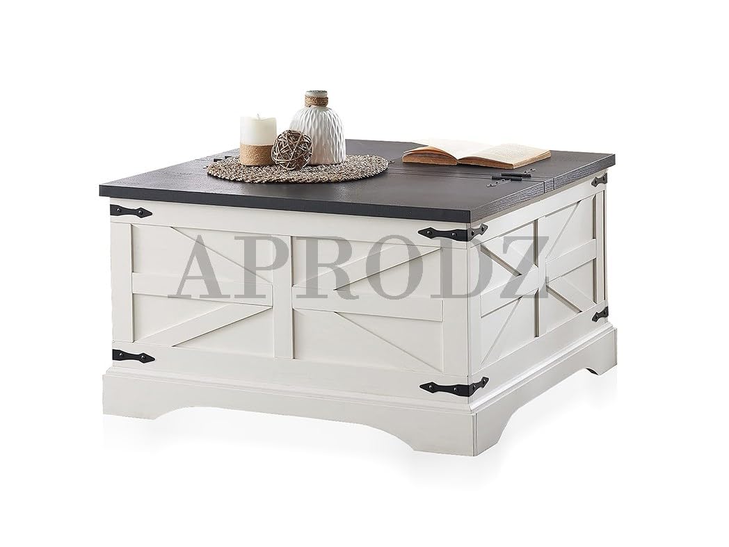 APRODZ Chic White Square Coffee Table - Wood Center Table with Ample Hidden Storage & Hinged Lift Top for Cocktail Gatherings