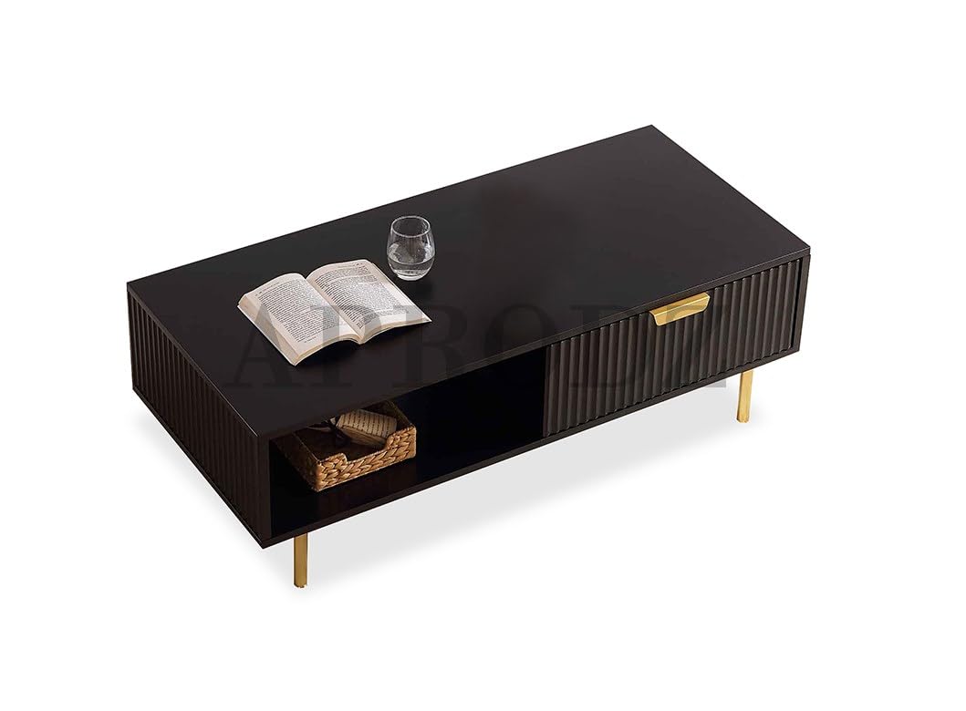 Wooden Center Table for Living Room | Rectangular Design with Shelf & Drawer | Solid Sheesham Wood & Iron Coffee Table (Black & Golden) | Sofa Teapoy Table