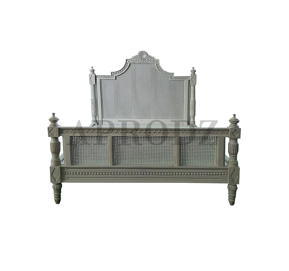 Hand-Carved French Cane Bed - Exquisite Artisan Design - Premium Mango Wood in Light Grey