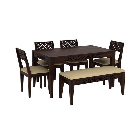 Sheesham Wood Durque 6-Seater Dining Table Set – Premium Wooden Dining Set with Bench for Home, Kitchen & Dining Space (Walnut Finish)