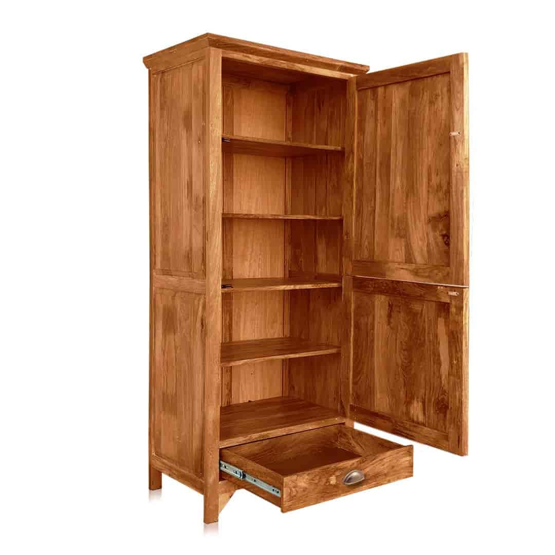 Mango Wood Wardrobe – Solid Wood 2-Door Almirah with Shelves & Hanging Rod for Bedroom Storage – Natural Finish Wooden Wardrobe Closet