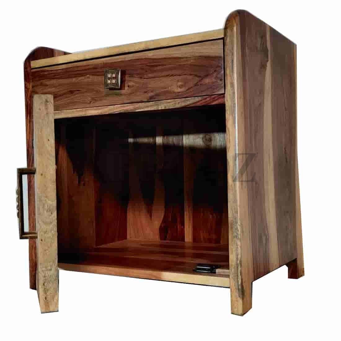 Solid Sheesham Wood Bedside Table with Storage for Bedroom & Living Room Furniture (Teak Finish)