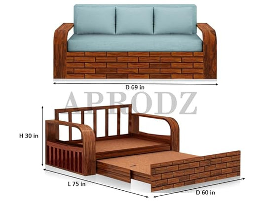 Sheesham Wood Sofa Cum Bed, 3 Seater with Blue Upholstery (75 x69 x30 Inch) Sheesham Wood Sofa Cum Bed (3 Seater)