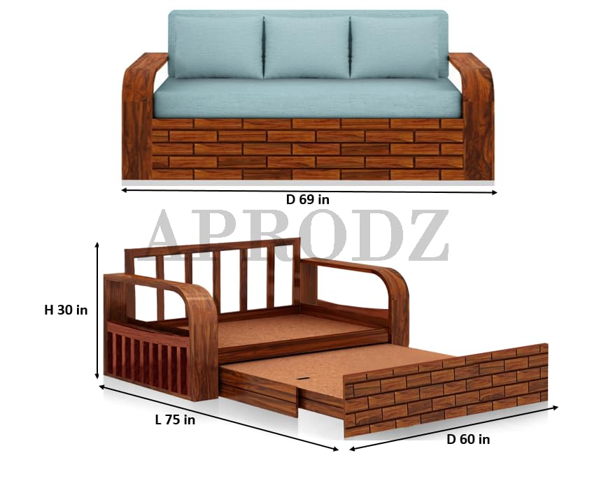 Sheesham Wood Sofa Cum Bed, 3 Seater with Blue Upholstery (75 x69 x30 Inch)