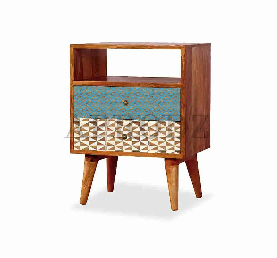 Solid Wood Bedside Table with Screen Print Design Table for Bedroom & Living Room Furniture (Multicolor)
