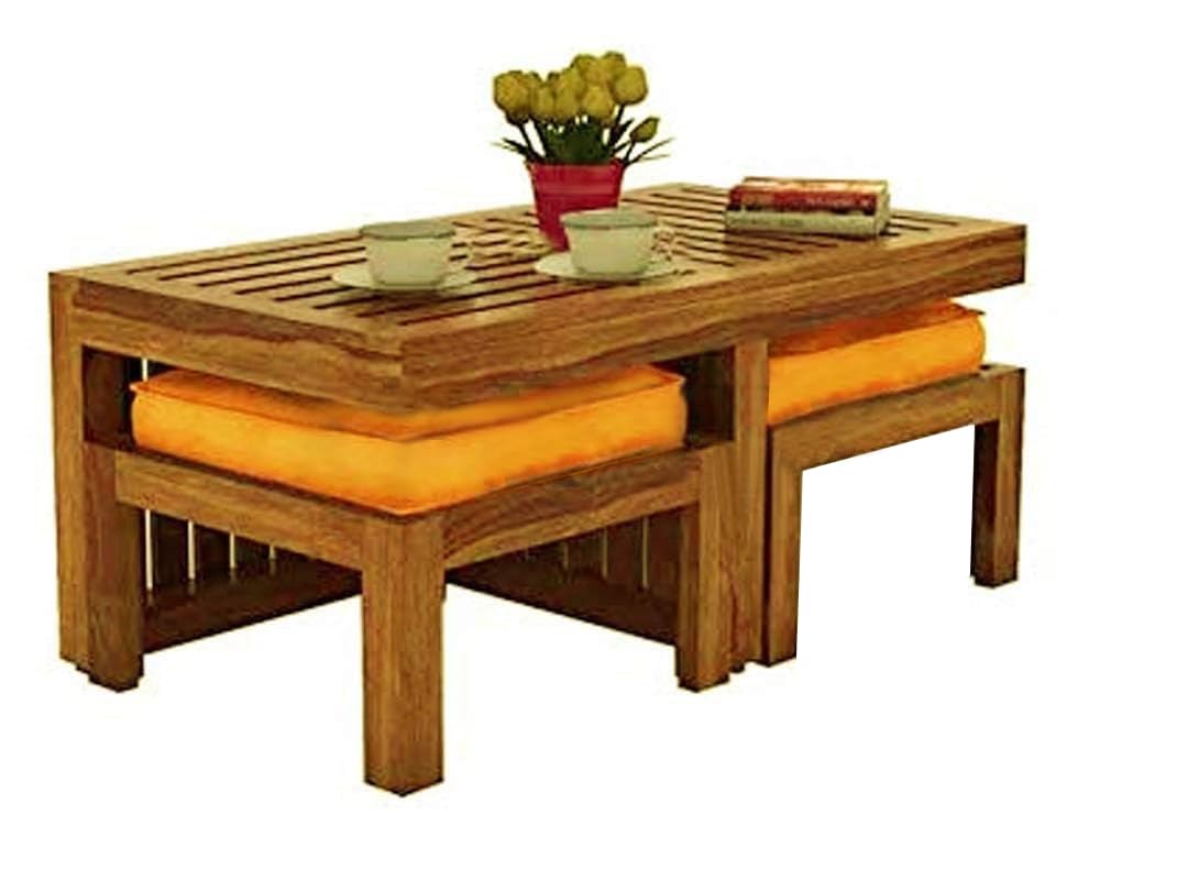 APRODZ Sheesham Wood Nicola Stylish Coffee Table with 2 Stools for Living Room | Center Table for Home | Brown Finish…