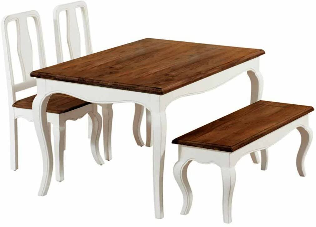 APRODZ Mango Wood Vaughan 4 Seater Dining Table Set for Home | One Bench and 2 Chair Dining Furniture | Brown & White Finish