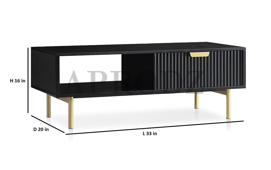 Wooden Center Table for Living Room | Rectangular Design with Shelf & Drawer | Solid Sheesham Wood & Iron Coffee Table (Black & Golden) | Sofa Teapoy Table