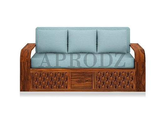 Sheesham Wood 3-Seater Sofa Cum Bed with Blue Upholstery and Carved Panel Design – Stylish, Comfortable, and Durable Convertible Sofa for Living Room Sheesham Wood Sofa Cum Bed (3 Seater)