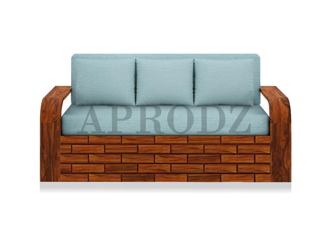Sheesham Wood Sofa Cum Bed, 3 Seater with Blue Upholstery (75 x69 x30 Inch)