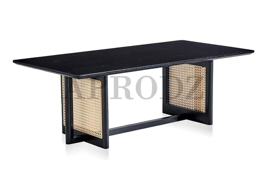 Black Rectangular Coffee Table | Modern Solid Wood & Rattan Coffee Table