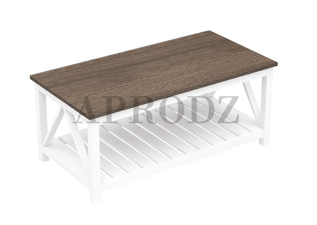 Vintage Farmhouse Coffee Table | Rustic White Living Room Center Table with Shelf