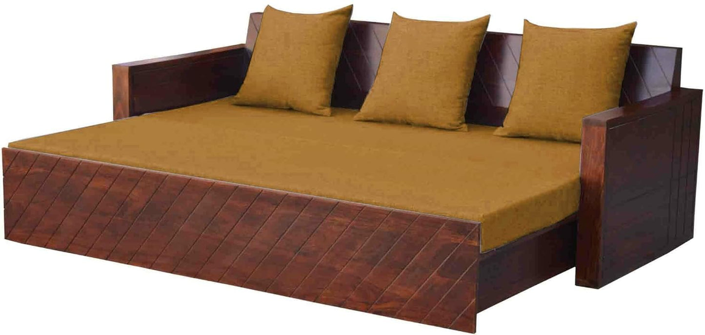 APRODZ Compak Solid Sheesham Wood Sofa Cum Bed (Rosewood - Ochre Yellow Fabric + Brown)