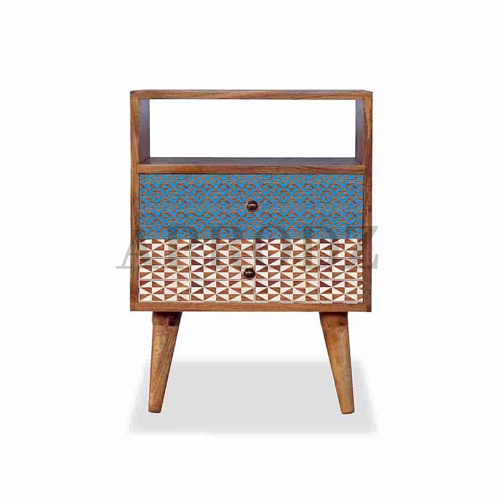 Solid Wood Bedside Table with Screen Print Design Table for Bedroom & Living Room Furniture (Multicolor)