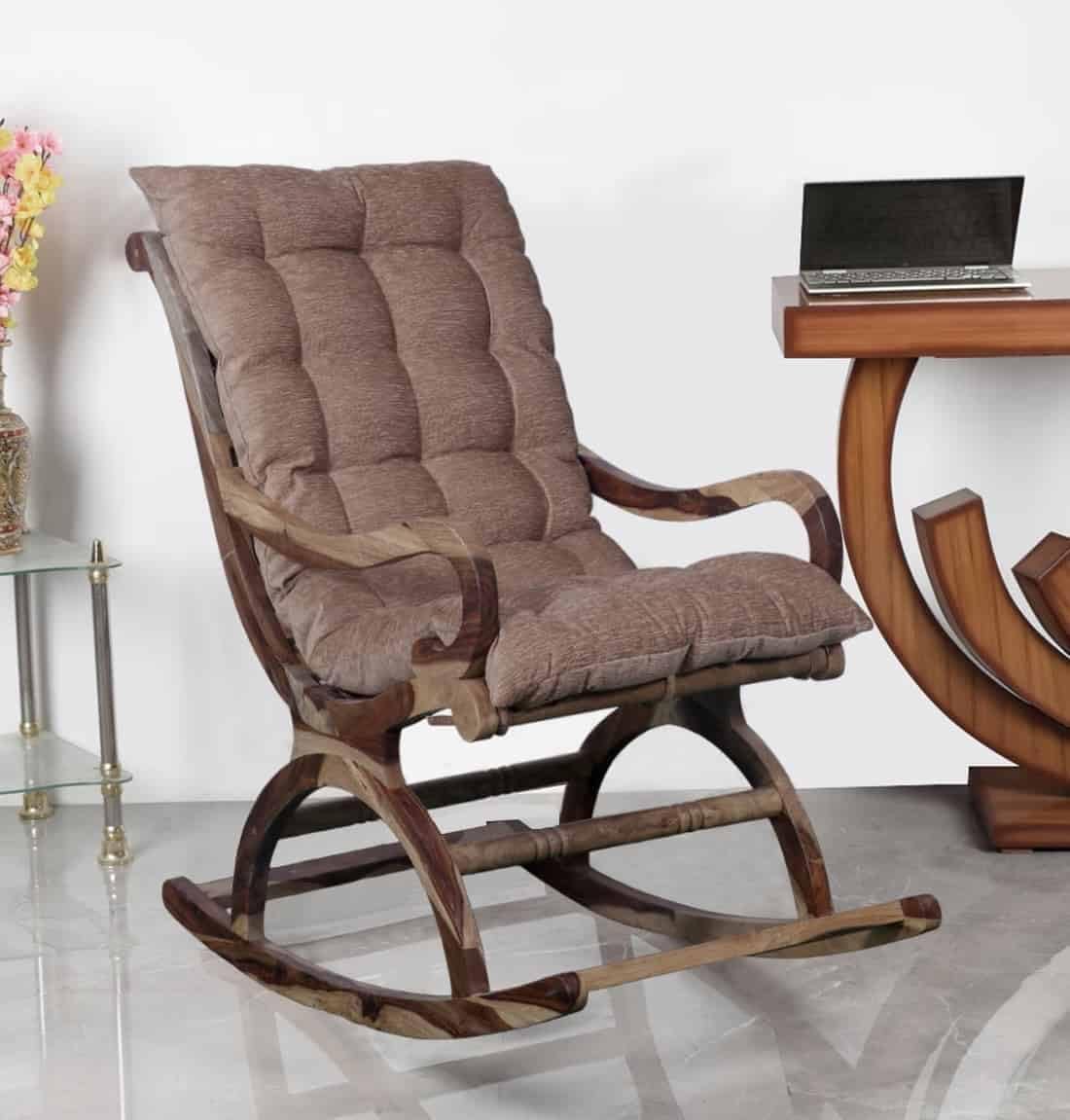 APRODZ Narkali Sheesham Wood Ergonomic Rocking Chair with Cushion (Wood Finish)