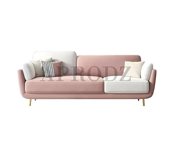 Luxelle Modern 3-Seater Sofa in Blush Pink & White – Minimalist Fabric Couch with Plush Cushions, Removable Covers & Golden Legs – Stylish Living Room Sofa for Home or Apartment