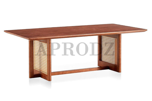 Stylish Imitation Rattan Coffee Table – Rectangular Walnut Wood with Hexagonal Weave Legs for Home & Office