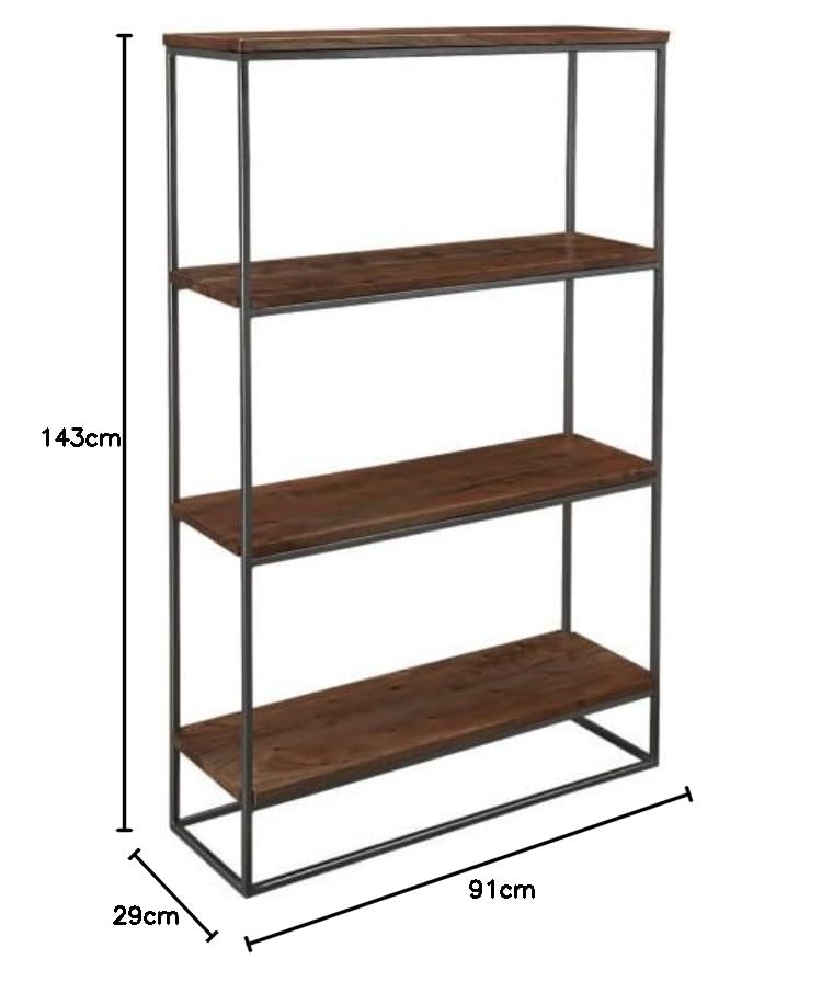 Solid Wood and Steel Steelo 4 Tier Bookcase for Living Room | Book Rack | Brown Finish