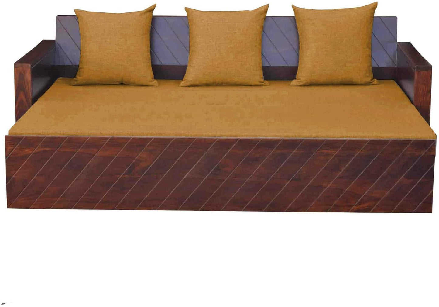 APRODZ Compak Solid Sheesham Wood Sofa Cum Bed (Rosewood - Ochre Yellow Fabric + Brown)