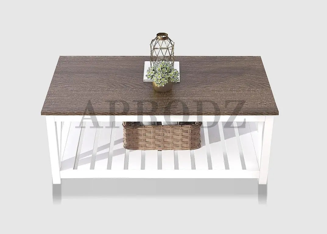 Vintage Farmhouse Coffee Table | Rustic White Living Room Center Table with Shelf