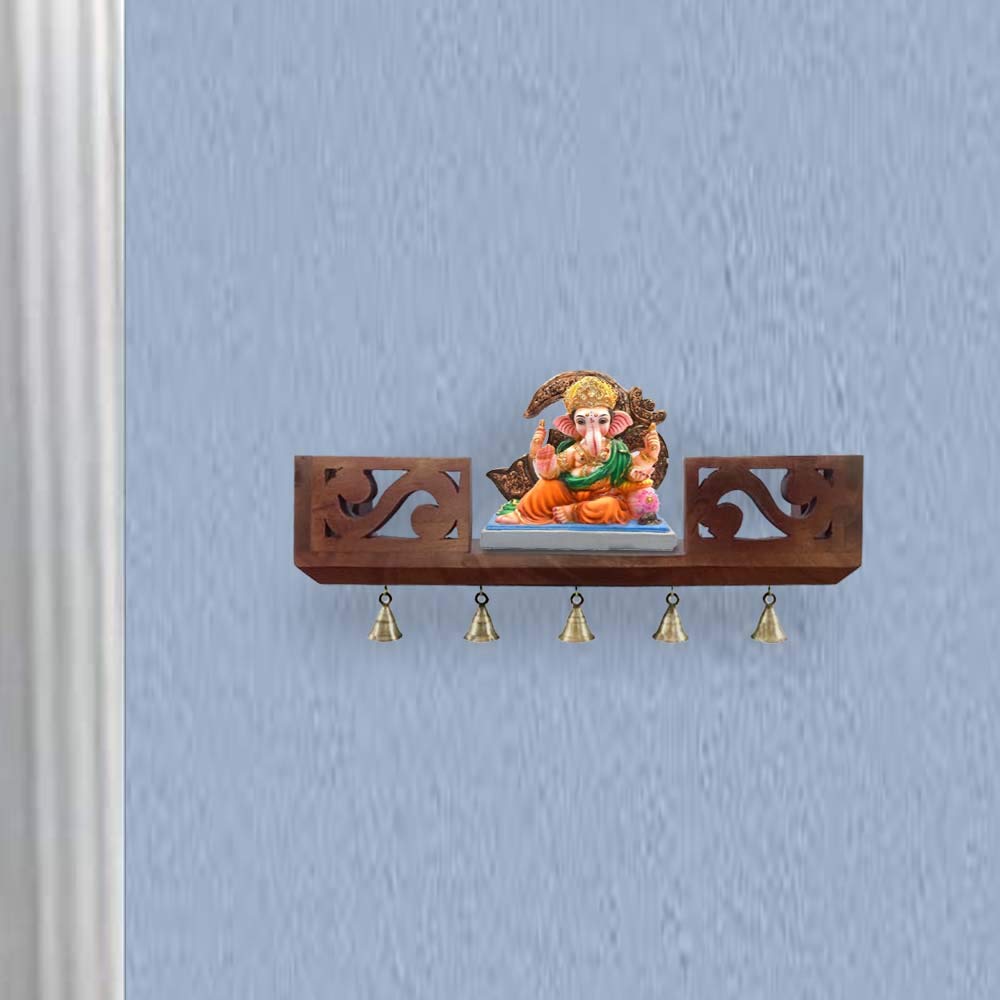 Aprodz Mango Wood Wall Mounted Temple with Bells | Honey Finish