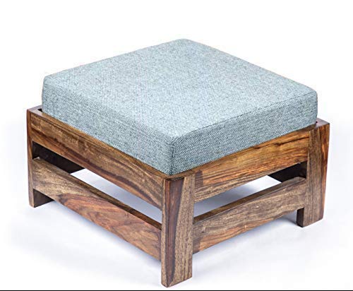 Solid Rosewood Footstool with Cushion - Teak Finish ; Beige Jute