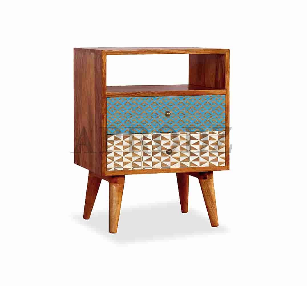 Solid Wood Bedside Table with Screen Print Design Table for Bedroom & Living Room Furniture (Multicolor)
