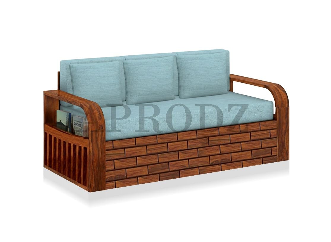 Sheesham Wood Sofa Cum Bed, 3 Seater with Blue Upholstery (75 x69 x30 Inch)