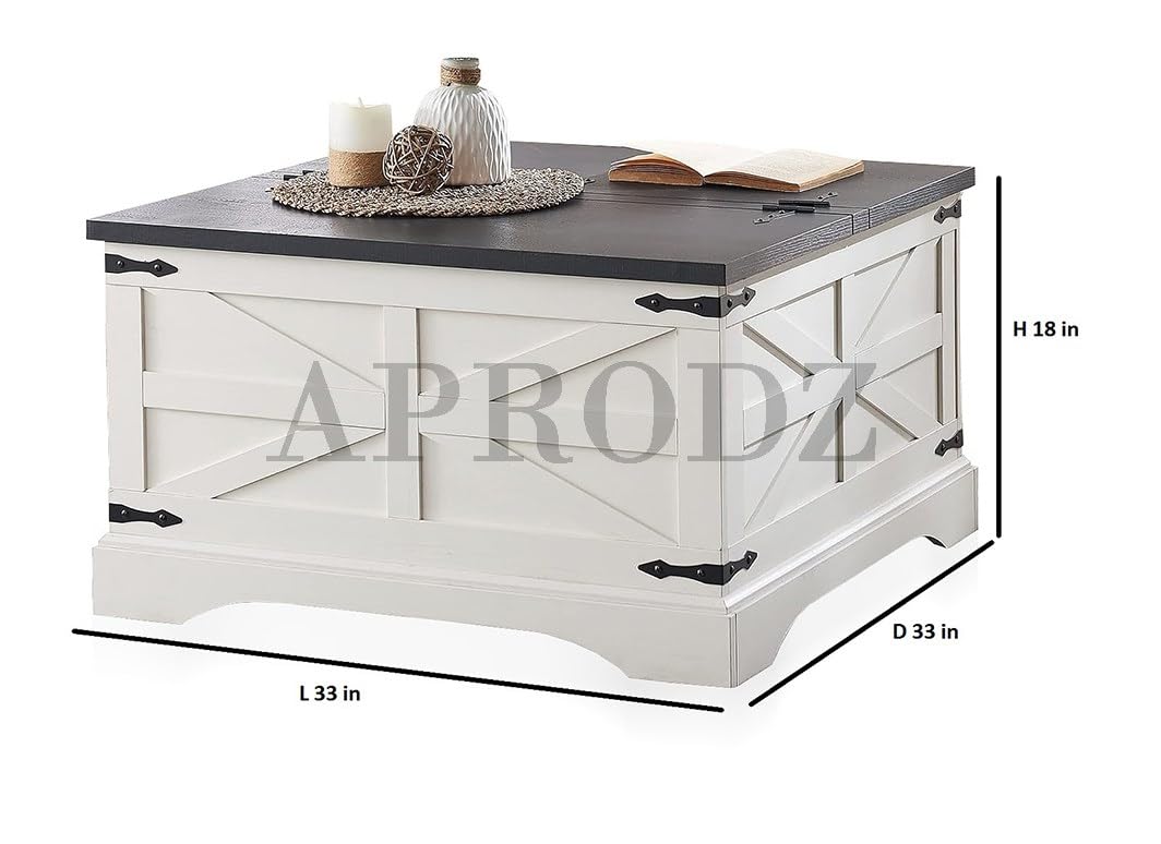 APRODZ Chic White Square Coffee Table - Wood Center Table with Ample Hidden Storage & Hinged Lift Top for Cocktail Gatherings