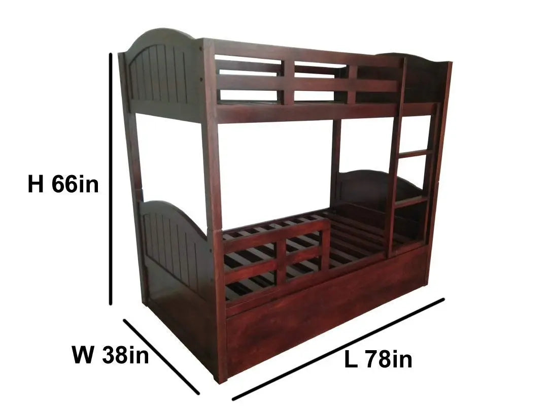 Mango Wood Mingitc Kids Bunk Beds with Trundle for Bedroom | Brown Finish