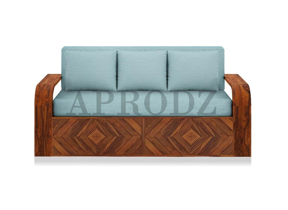 Sheesham Wood Sofa Cum Bed, 3 Seater, with Blue Upholstery, Diamond Pattern Design (75 x69 x30 Inch)