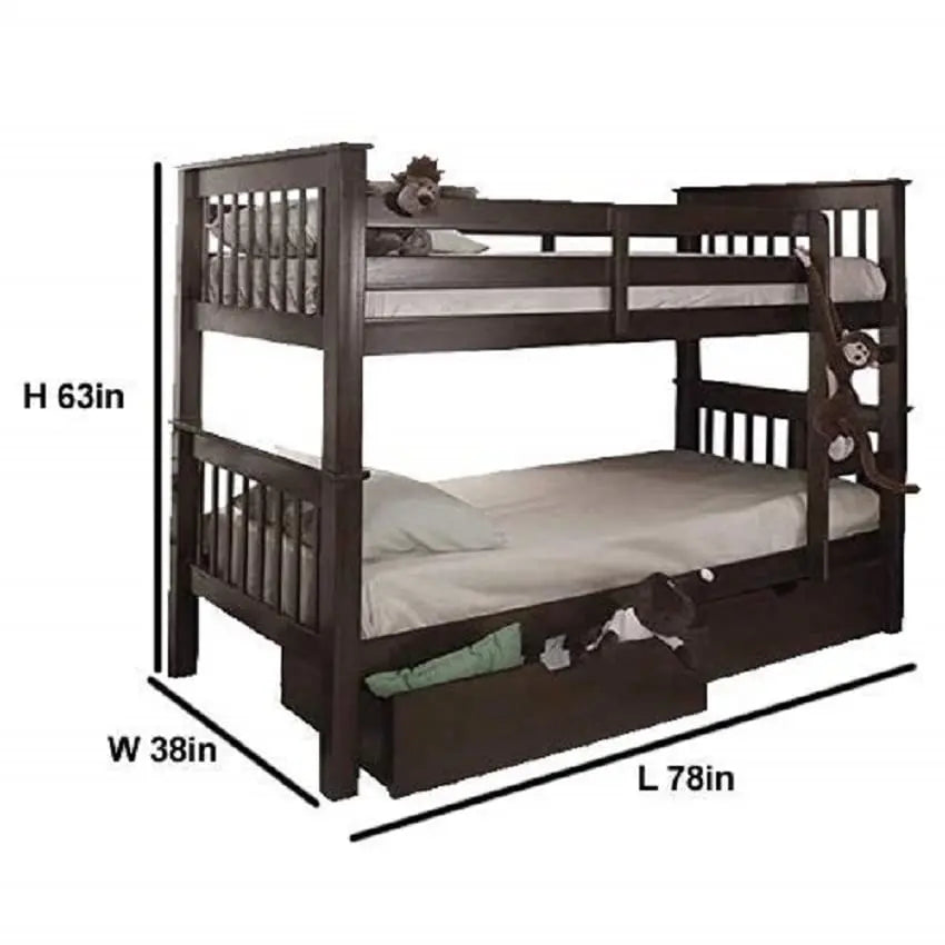 Mango Wood Highst Bunk Bed with Storage for Bedroom | Brown Finish