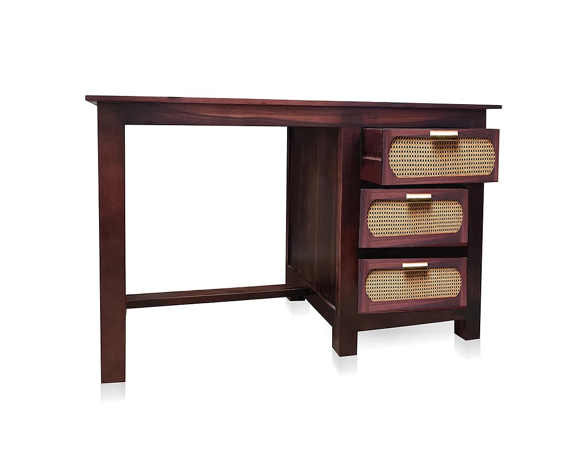 Sheesham Wood and Cane Office Desk Study Computer Table for Study Room with 1 Drawer and 1 Door (Rosewood - Mahogany)