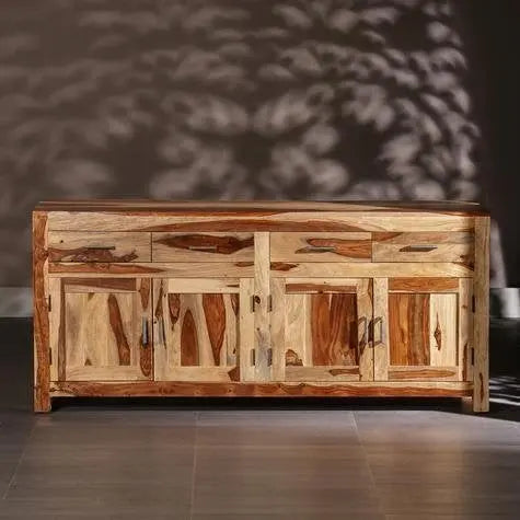 APRODZ Solid Sheesham Wood Dolyna Storage Side Board Cabinet for Living Room | with 4 Drawers and 4 Door | Natural Brown