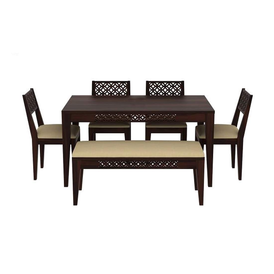 Sheesham Wood Durque 6-Seater Dining Table Set – Premium Wooden Dining Set with Bench for Home, Kitchen & Dining Space (Walnut Finish)