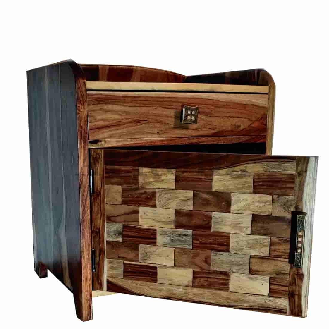 Solid Sheesham Wood Bedside Table with Storage for Bedroom & Living Room Furniture (Teak Finish)